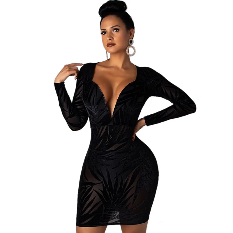 Black v neck long sleeve bodycon mini dress