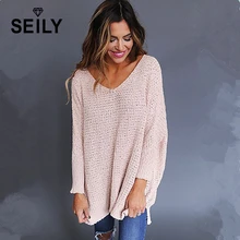 Seily Winter 2018 Oversize Knitted Long V Neck Sweater Female Pull Loose Tricot Pullover Women Jumper Multi Color Losse Trui