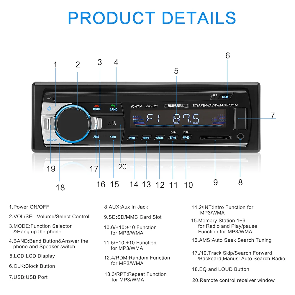 Автомагнитола 60WX4 12 В Bluetooth V2.0 автомагнитола 1 Din FM Aux вход приемник SD USB MP3 MMC WMA Mp3