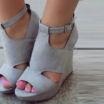 

shofoo shoes.Beautiful fashionable women's shoes , grey cashmere leather,14.5 cm high-heeled sandals, ladies wedge sandals.