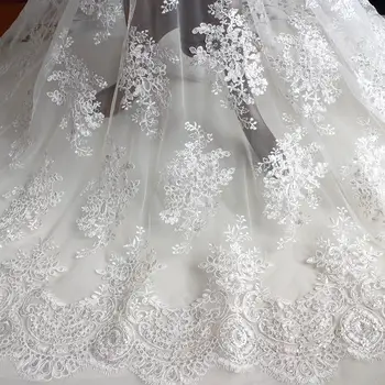 

1Yard High Quality White Eyelash Sequins Embroidery Lace Fabric for Lace Accessories Wedding Dress Clothes 130cm Wide