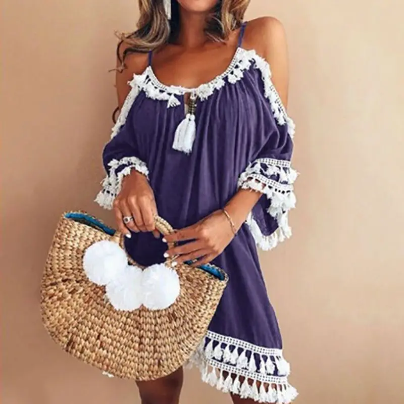 Женское сексуальное мини-платье с открытыми плечами, летнее модное платье с кисточками и открытой спиной, Vestidos, повседневное пляжное платье на бретельках без бретелек