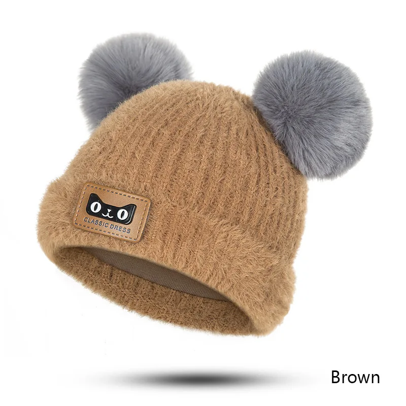 MOLIXINYU/детская зимняя вязаная шапка с меховым помпоном; детская теплая шапка с двумя меховыми помпонами для маленьких мальчиков и девочек; модные шапочки - Цвет: Brown