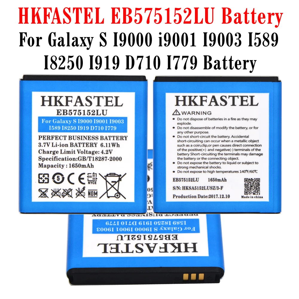 HKFASTEL EB575152LU батарея мобильного телефона для samsung Galaxy S I9000 i9001 I9003 I589 I8250 I919 D710 I779 батареи 1650 мАч