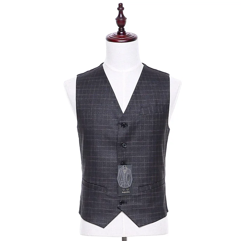 New Formal Men Suit Vests Sleeveless Black Vintage Plaid Pattern Wool