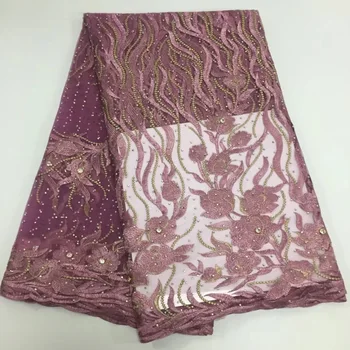 

2018 Latest Light Pink African Lace Fabric With Embroidery Mesh Tulle Nigerian Rhinestones Lace Fabrics For wedding party dress