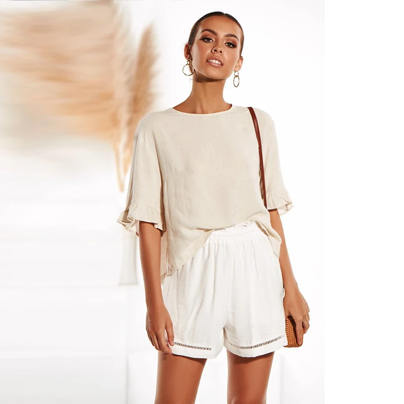 

Fashion Sexy Ruffled Back Cardigan Solid Tees Top Women Casual O-Neck Tshirt Summer Elegant Loose Breathable T-Shirts Ladies Tee