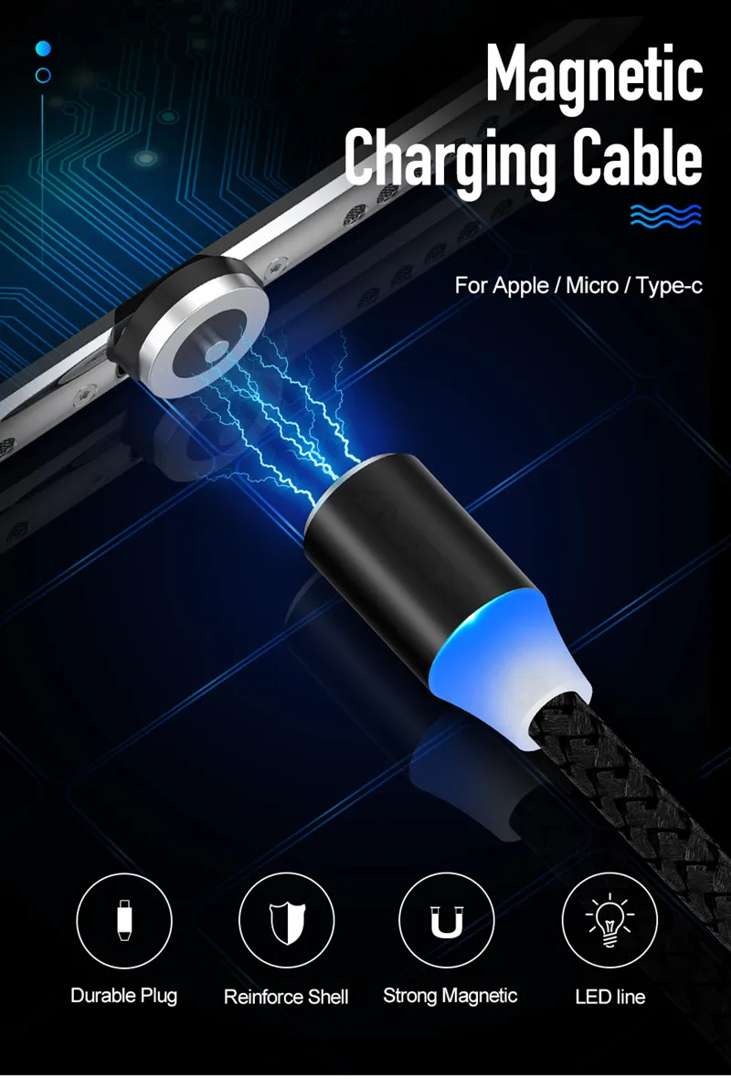 Зарядное устройство, магнитный светодиодный провод, шнур для iPhone, Micro usb type C, для samsung Galaxy A30, A50, A70, huawei, Android, 3 в 1, быстрая зарядка