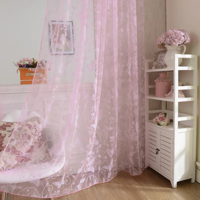 

Door Drape Panel Scarf Sheer Voile Butterfly Flocked Yarn Window Curtain Decal