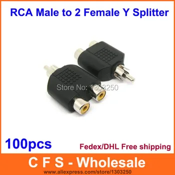 

100pcs RCA Y Splitter AV Audio Video Plug Converter 1-Male to 2-Female Cable Adapter Fedex / DHL Free Shipping