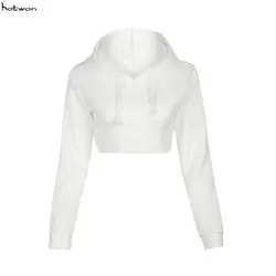 2018 г. пикантные Для женщин белый с капюшоном свитер кроп-топ пальто с длинными рукавами пуловер с капюшоном