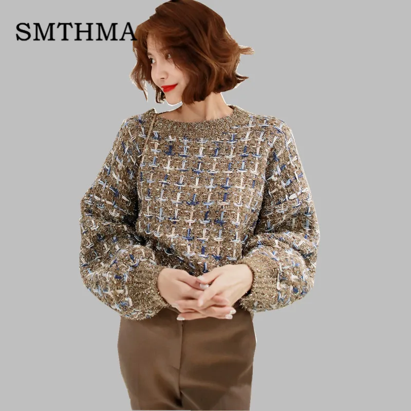 women sweet  geometric plaid  knitted sweater Korea long 