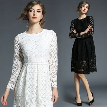 

Europe Fashion 2018 spring new women dress hollow out long sleeve lace dresses office lady vestido black white size S-XXL