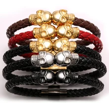 19-20 cm Genuino Cordón de Cuero Cierre Magnético Pulseras de Moda pulsera de cuero de moda Punk Pistola Negro pulsera del cráneo del color hombre Para Hombre