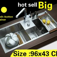 Кухонная ручная раковина с двойным канавком, кнопка слива, 304 нержавеющая сталь, Горячая 960x430 мм