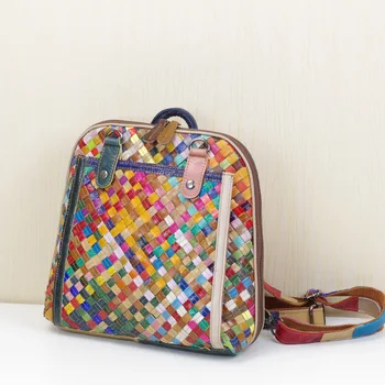 

2018 New Cow Leather Woven Retro Bag Shoulder Backpacks Travel Women Bag Free Shipping