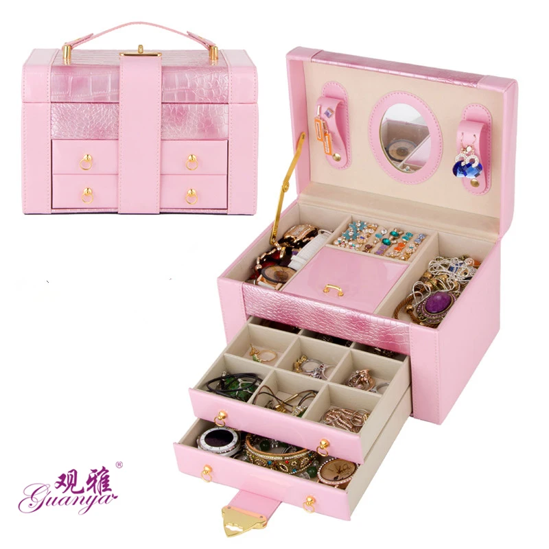 Luxury Korean style jewelry casse with mirror Upscale Cosmetic box Leather jewelry box Large space storage box charming simulation piano style jewelry storage box with wind up music effect
