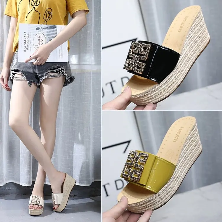

Yellow White Black Size 40 Crystal Bow Tie High Heels Women Slippers Summer Flip Flops On Platform