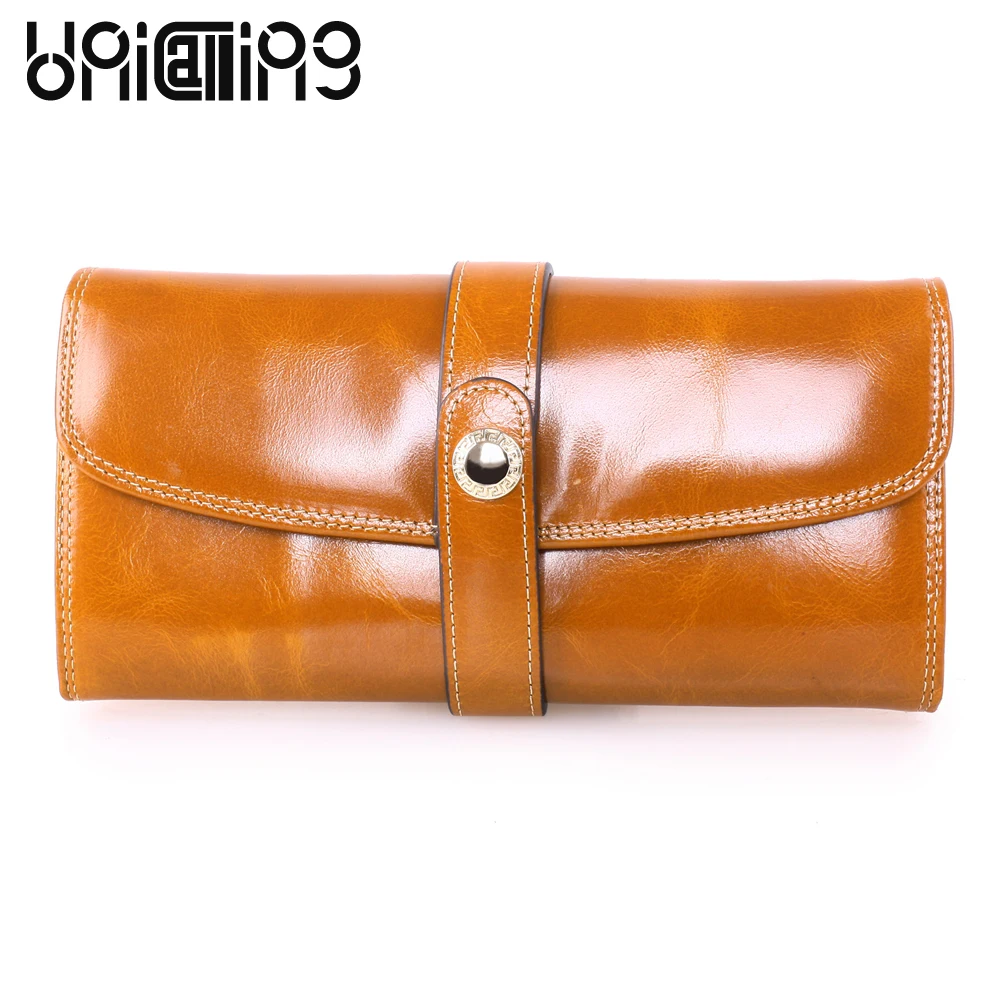 

Fashion brand Oil Wax Cowhide women wallets Genuine leather hasp Long Bifold Wallet solid color Card holder mini Clutch bag