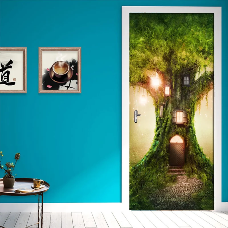

3D Door Sticker Quiet Secluded Tree Hole Photo Wall Mural PVC Self-adhesive Decals Wall Paper For Living Room Home Decor Poster