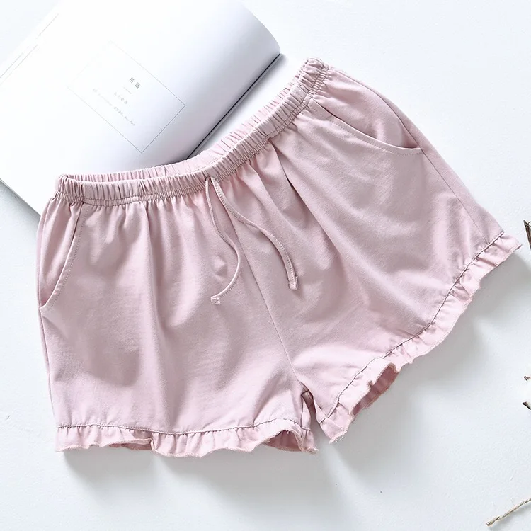 Летние однотонные простые женские пижамы для сна из натурального хлопка, домашние штаны, 5 цветов, кружевные шорты, сексуальное нижнее белье - Color: Pink
