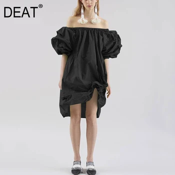 

DEAT 2020 new summer women clothes fashion slash collar lantern short sleeves asymmetrical pleated black dresses WF29001M
