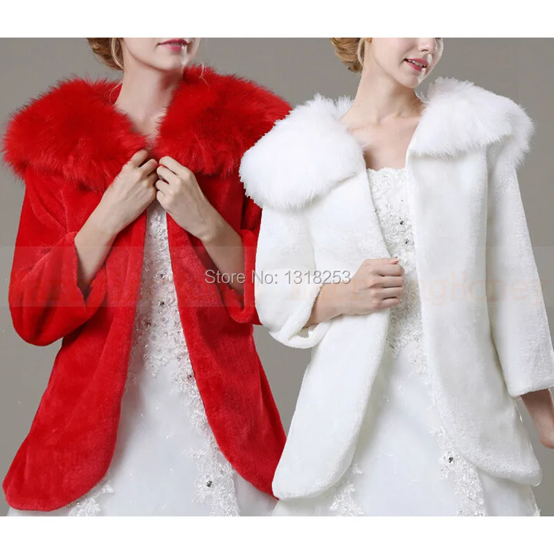 Off White Red Bolero Women Faux Fur Wedding Jacket 3/4 Long Sleeve