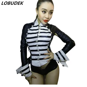 

PU leather women bodysuit Double-breasted Feather slim catsuit jumpsuit team dancer Jazz DJ performance costumes stage show wear