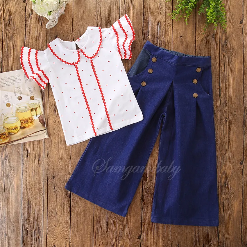 

2019 Girls Suit Summer New Jeans Suit Broad-legged Trousers Cute Flying Sleeve Top Short Girls Cotton Fashion