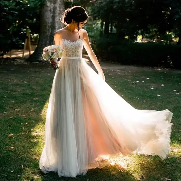 

robe de mariage 2019 New Lace O-Neck Lace Tulle Boho Chick Wedding Gowns Summer Beach Bohemian Princess Bridal Dress