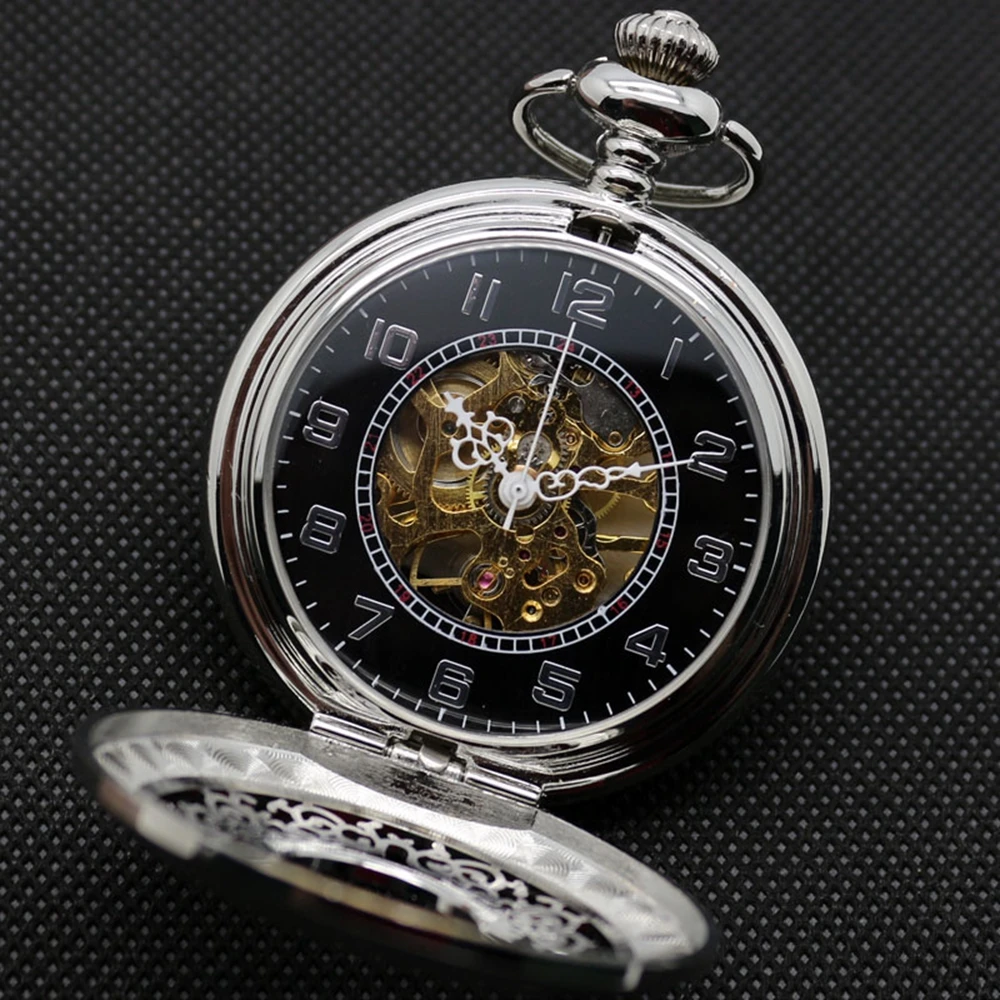 Antique Gift Set Skeleton Steampunk Mechaical Pocket Watch Hollow Carving Flower Pattern Pendant Clock + Gift Box Bag (5)