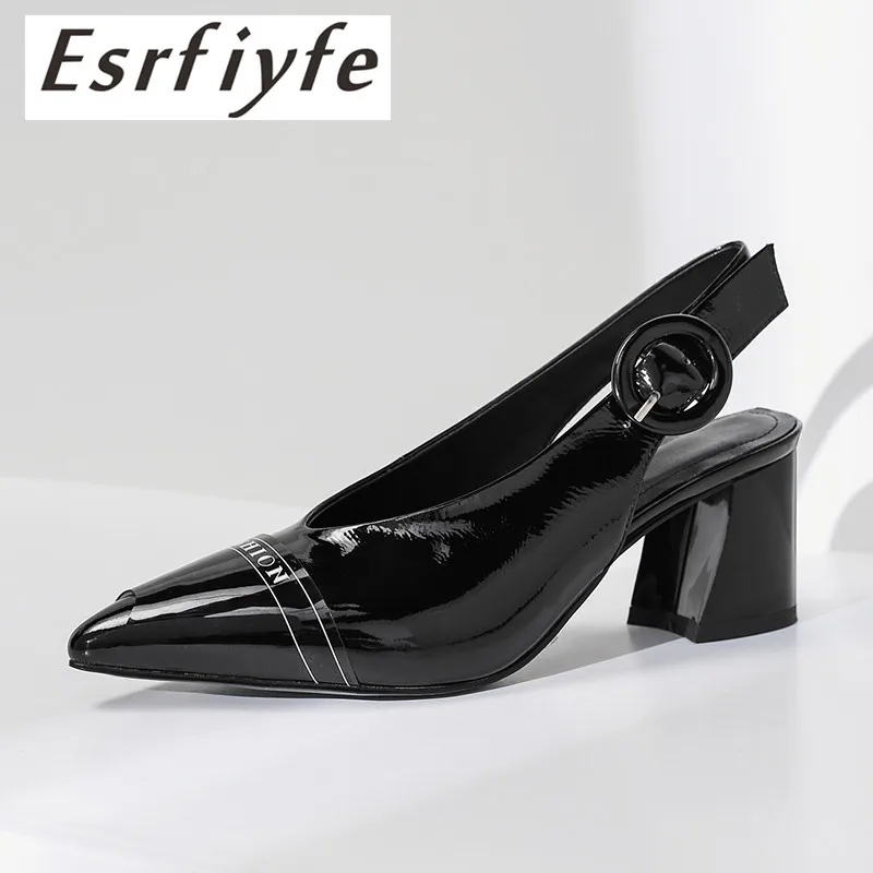 

ESRFIYFE 2019 New Genuine Leather Women's Sandals Square Heel Pointed Toe Shoes Woman Fashion Back Buckle Shoes Femme Footwear
