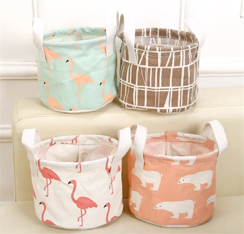 

Folding Cartoon Round Cotton Linen Desktop Storage Box Sundries Storage Organizer Stationery Cosmetic Basket Container Case