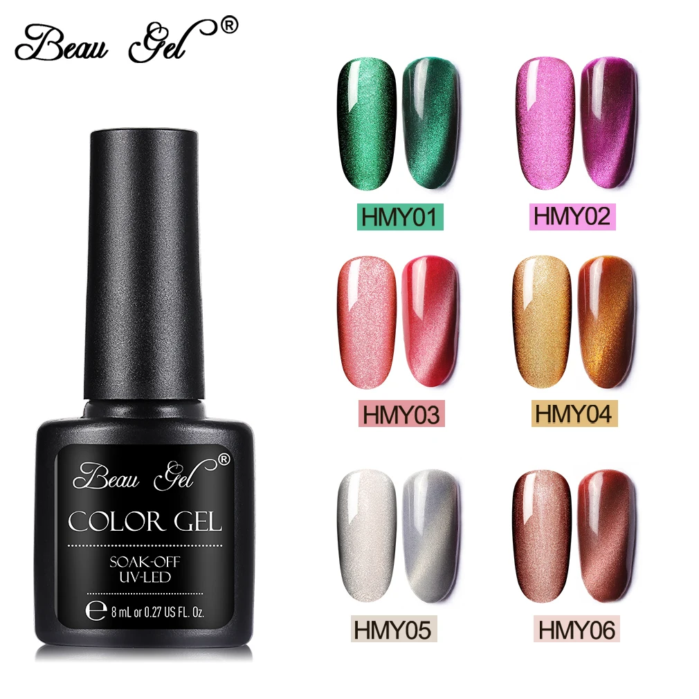 

Beau Gel 6pieces Wide Line Cat Eye Gel Nail Polish Soak Off UV LED Gel Lacquer Semi Permanent Magnetic Hybrid Varnish 8ml