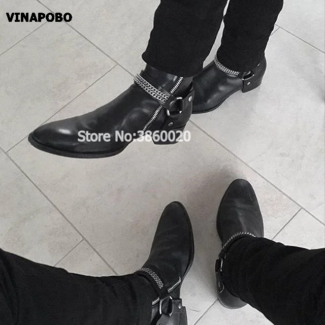 VINAPOBO/; черные мужские ботинки «Челси» из натуральной кожи на плоской подошве с ремешком и пряжкой и цепочкой; ботильоны с эластичными лентами; Роскошная Брендовая обувь