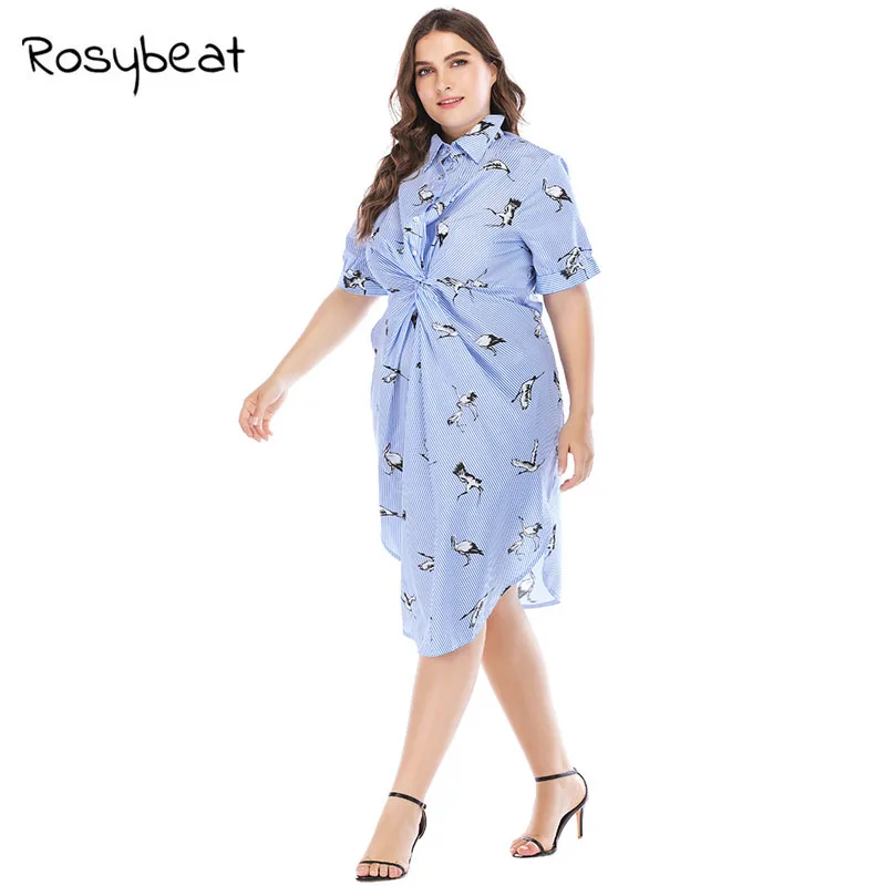 

2018 Plus Size Short-Sleeved knee-length Women's Dress Irregular Dresses Stand Collar Wild Goose Pattern Shirtdress Clothes