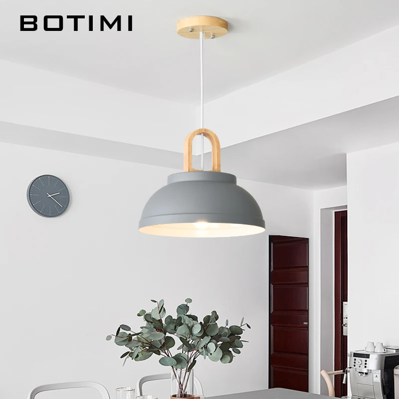 BOTIMI White Metal LED Pendant Lights For Dining Room Modern Indoor Wooden Kitchen Gray Hanging Lamp