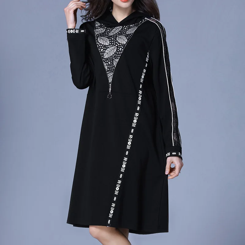

Plus Size Lace Patchwork Letter Long Sleeve Zipper Hooded Dress Women Elegant Casual Fashion Beach Dress Lady Clothing Black