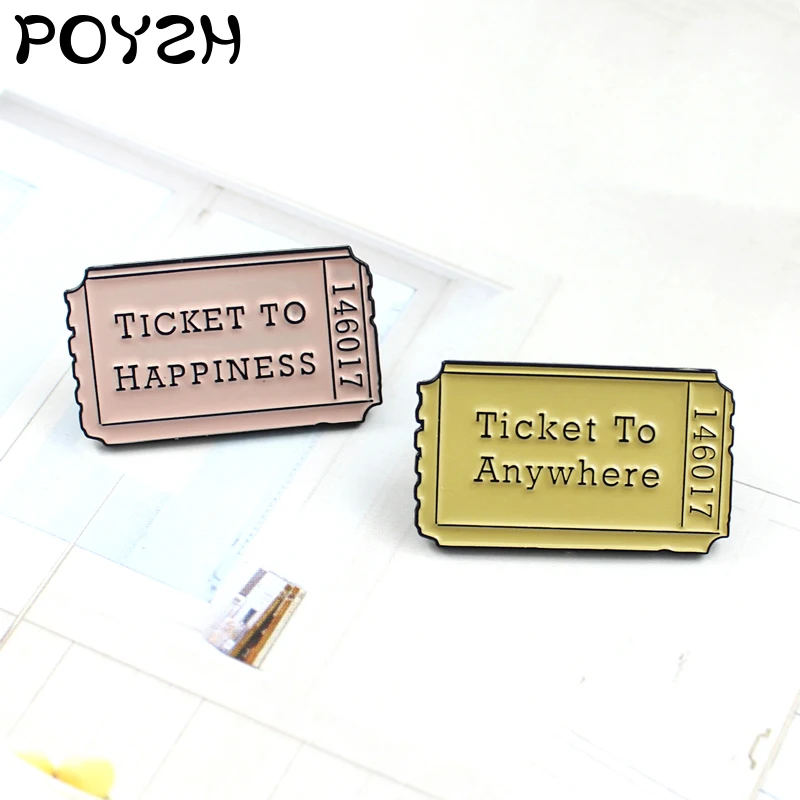 

Lovely Yellow Pink Tickets Enamel Pins Fashion Ticket to Happiness Anywhere Brooches Lapel Pin needle badge Gift jewelry kids