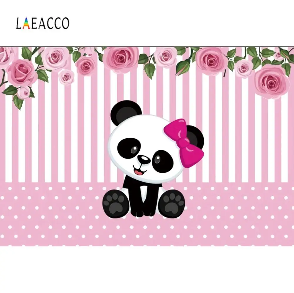 

Laeacco Panda Flowers Pink White Stripe Baby Birthday Photography Background Customized Photographic Backdrops for Photo Studio