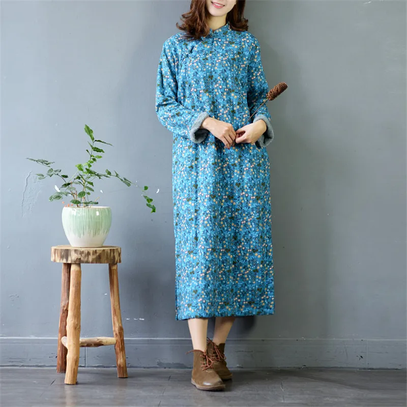 

SCUWLINEN 2019 Vintage Chinese Style Winter Dresses Floral Print Thickening Warm Arctic Velvet Long Robe Christmas Dress S252-1