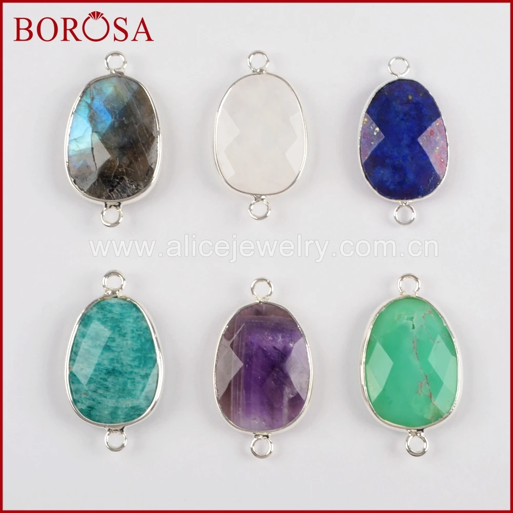 

BOROSA 10PCS Wholesale Silver Color Teardrop Labradorite Natural Multi-kind Faceted Connectors Jewelry for Bracelets S1559