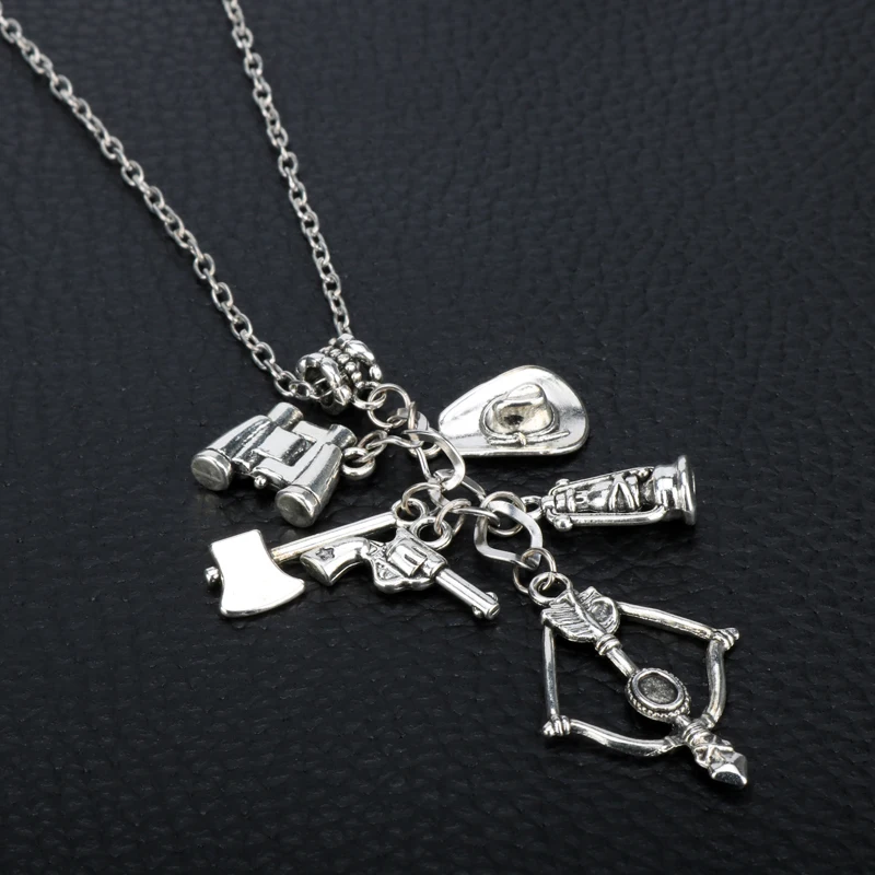 

dongsheng TV Series The Walking Dead Necklace Hat Telescope Crossbow Hand Stamped Axe Revolver Charms Pendant Necklace-30