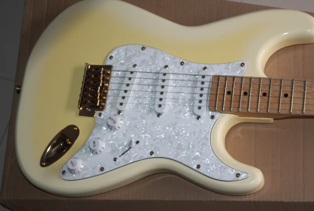 

Factory store yellow cream burs ST signature maple fretboard 6 string golden Hardware Electric Guitar Guitarra free shipping