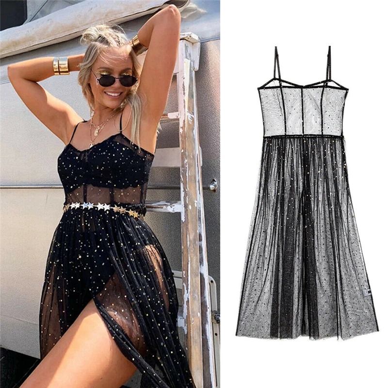 

New Women Summer Sequin Black Dress Cover Up Sexy Strappy Mesh Sheer Dresses Women Vestidos Star Long Maxi Dress Party Club Wear