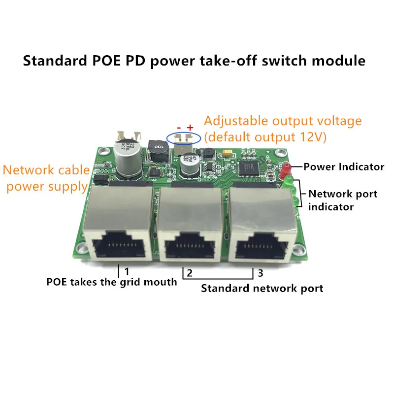 Промышленного класса широкий температурный mini POE PD 10/100 Мбит/с 3-порт низкая мощность распределения кабелей сетевой коммутационный модуль