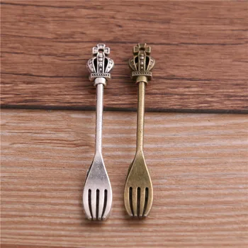

8PCS 8*60mm Two Colors Fashion Vintage Crown Fork Tableware Pendants Charms For Jewelry Making Charm