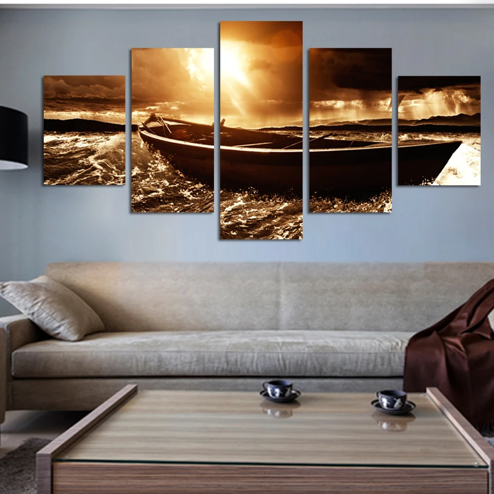

Inspiring pictures of boat in sea 5 Panels Pictures Canvas Painting Home Decor Picture Wall Art For Living Room and Restaurant