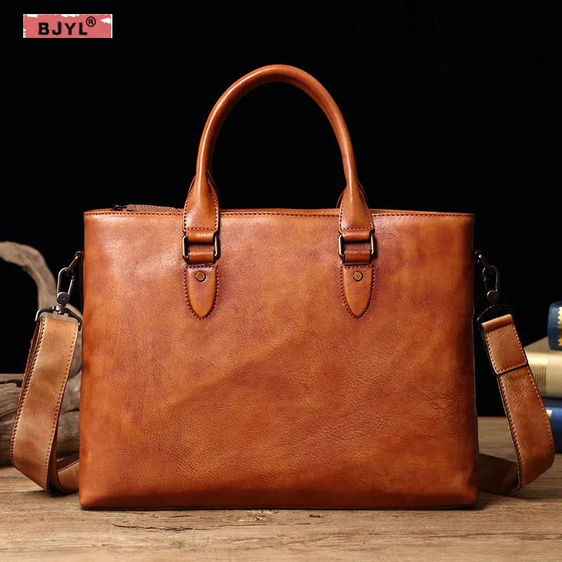 

BJYL Genuine Leather men's handbags 14" Laptop business briefcase cross section handbag retro shoulder casual Messenger bag