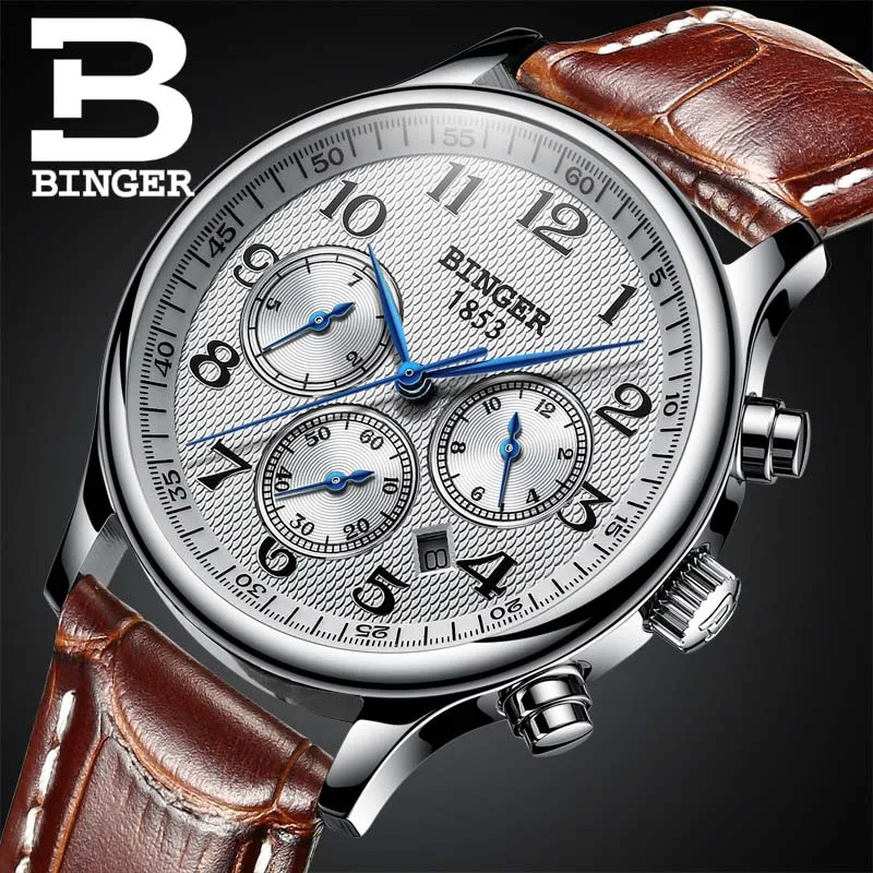 Watches Men Luxury Brand BINGER Automatic Mechanical Watch Waterproof Calendar Leather Wristwatch relogio masculino - Цвет: 02